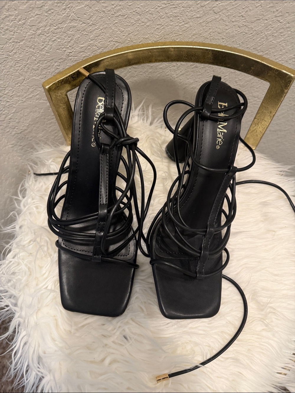 Bella Marie Black Lace-Up Block Heel Sandals | Women’s Size 9